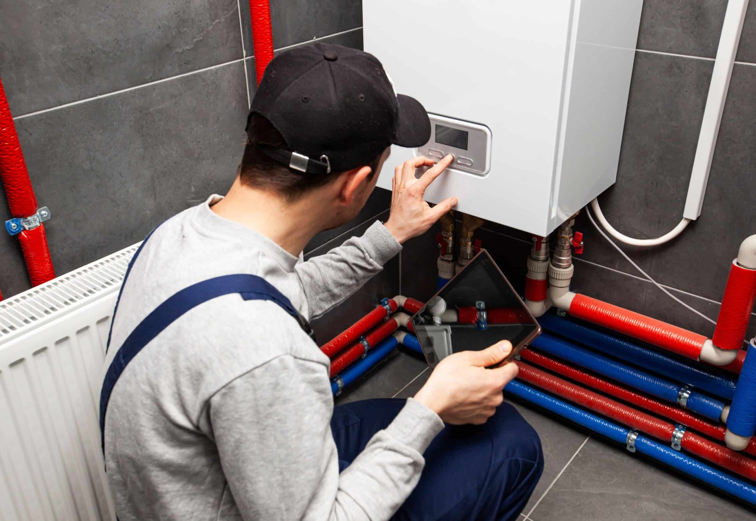 An expert checking a new installed heating and cooling system.