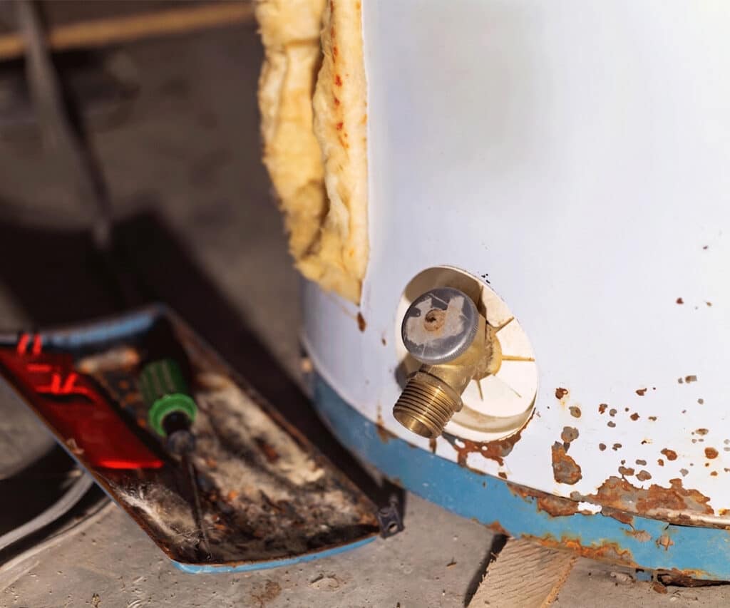 Corroded rusty drain valve on old water heater tank with exposed insulation