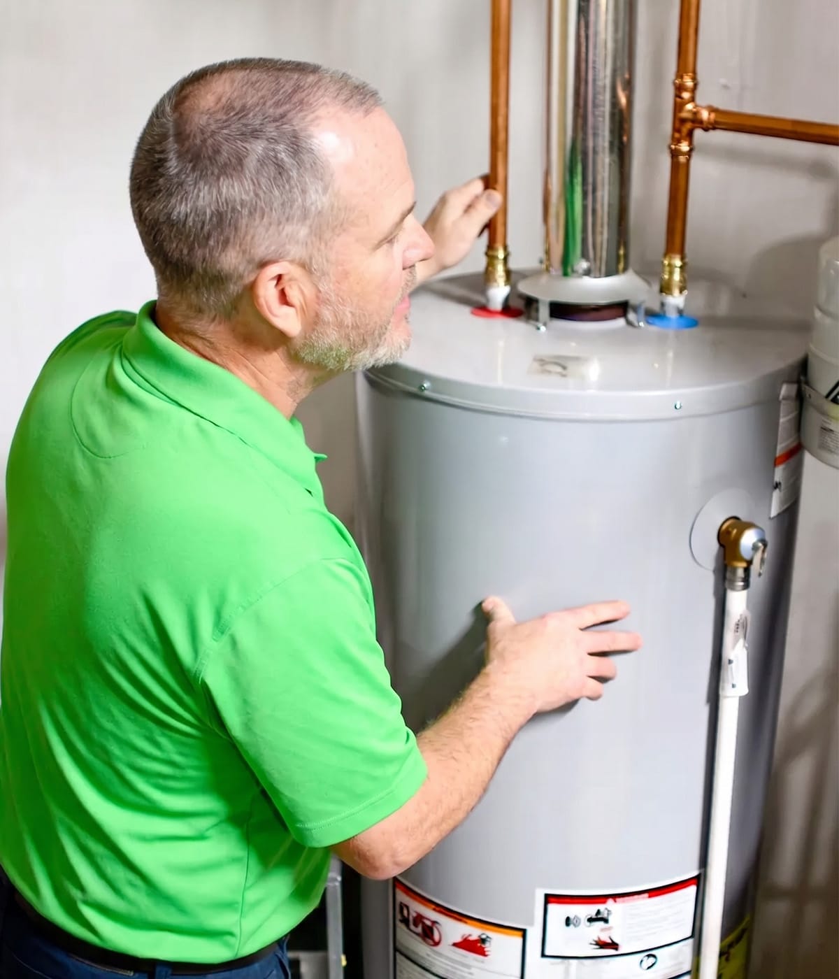 Worleys technician closely inspects a residential water heater tank and its copper piping connections during a service visit