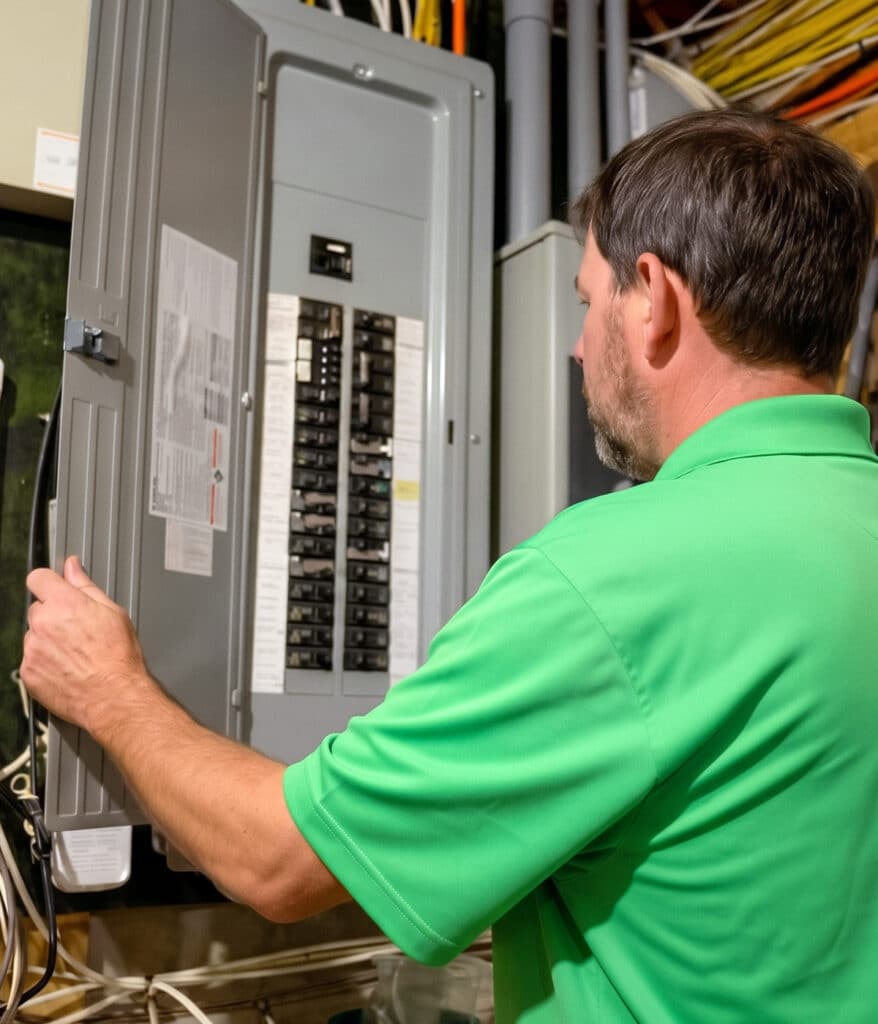 Worley's technician in a green polo holds open a gray breaker panel door to review circuits on the Virginia Peninsula.